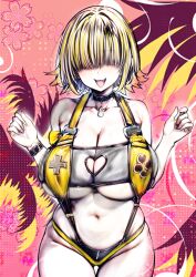  ahoge blonde_hair blush breasts choker clothing_cutout elegg_(boom_and_shock)_(nikke) elegg_(nikke) female goddess_of_victory:_nikke hair_intakes hair_over_eyes heart_cutout highres large_breasts long_bangs looking_at_viewer multicolored_hair navel nikke_nikke2nd oerba_yun_fang open_mouth see-through_slingshot_swimsuit short_hair skindentation slingshot_swimsuit smile solo standing swimsuit thigh_strap two-tone_hair underboob yellow_slingshot_swimsuit 