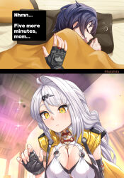  2girls absurdres ahoge belle_(zenless_zone_zero) black_gloves blue_hair blush breasts cleavage closed_mouth collar commentary english_commentary english_text fingerless_gloves gloves hair_ornament hand_up highres jacket large_breasts long_hair luizhtx multiple_girls short_hair single_hair_intake sleep_talking sleeping swoon twitter_username white_collar white_hair yellow_eyes yellow_jacket yixuan_(zenless_zone_zero) zenless_zone_zero 