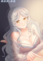  absurdres artist_name bare_shoulders breasts cleavage closed_mouth coat collarbone dengmingxuan~chacha eternity_(reverse:1999) feet_up female highres large_breasts long_hair looking_at_viewer nightgown pink_nightgown pointing reverse:1999 see-through_clothes see-through_coat smile solo upper_body wavy_hair white_hair yellow_eyes 