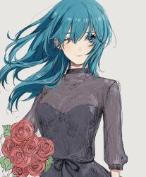  alternate_costume black_dress blue_eyes blue_hair bouquet closed_mouth dress female female_byleth_(fire_emblem) fire_emblem fire_emblem:_three_houses floating_hair flower grey_background highres holding holding_bouquet long_hair long_sleeves one_eye_closed red_flower red_rose roroichi rose see-through_clothes simple_background solo 