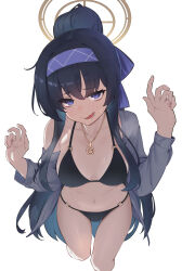  bikini black_bikini black_hair blue_archive breasts cleavage collarbone cropped_legs female grey_shirt hairband halo highres jewelry long_hair long_sleeves looking_at_viewer medium_breasts navel necklace nsan official_alternate_costume open_mouth ponytail purple_eyes purple_hairband shirt sidelocks simple_background smile solo standing swimsuit teeth tongue ui_(blue_archive) ui_(swimsuit)_(blue_archive) white_background yellow_halo 