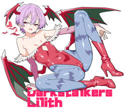  animal_print bat_print bat_wings blue_pantyhose boots bridal_gauntlets character_name cleavage_cutout clothing_cutout darkstalkers demon_girl diamond_cutout female flat_chest head_wings highleg highleg_leotard highres leotard lilith_(darkstalkers) looking_at_viewer matuo3232 pantyhose print_pantyhose purple_hair red_boots red_eyes red_leotard short_hair simple_background solo white_background wings 