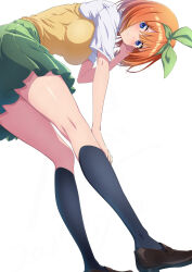  bent_over black_socks blue_eyes blush breasts brown_shoes commentary_request female from_below go-toubun_no_hanayome green_ribbons green_skirt hair_between_eyes hair_ribbon hand_on_own_knee highres kneehighs large_breasts legs loafers long_legs looking_at_viewer nakano_yotsuba nishizuki_shino orange_hair parted_lips pleated_skirt ribbon school_uniform shirt shoes short_hair short_sleeves simple_background skirt socks solo sweater_vest thighs white_background white_shirt yellow_sweater_vest 