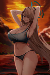  absurdres alternate_costume armpits arms_behind_head asuna_(blue_archive) bikini black_bikini blonde_hair blue_archive blue_bikini blue_halo blush breasts cleavage eyes_visible_through_hair female hair_over_one_eye halo highres long_hair looking_at_viewer miisang47 navel ocean one_eye_closed smile solo stomach sunset swimsuit tongue tongue_out 