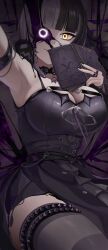  absurdres arm_strap armpits black_choker black_dress black_hair black_nails black_thighhighs book breasts choker cleavage closed_mouth dress female green_ribbons grey_hair highres holding holding_book hololive hololive_english jewelry large_breasts long_hair looking_at_viewer multicolored_hair pitespear ribbon ring shiori_novella shiori_novella_(1st_costume) slime_(substance) solo split-color_hair striped_clothes striped_thighhighs thighhighs two-tone_hair virtual_youtuber yellow_eyes yorick_(shiori_novella) 