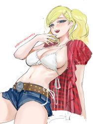  absurdres bikini blonde_hair blue_eyes blue_shorts blush breasts cosplay denim denim_shorts female highres kwon_eun-bi kwon_eun-bi_(cosplay) large_breasts long_hair looking_at_viewer navel nero_watch open_clothes open_mouth open_shirt persona persona_5 shirt shorts smile solo stomach swimsuit takamaki_anne twintails white_bikini 