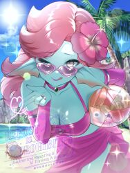  beach bent_over bikini blue_skin blue_sky breasts bridal_gauntlets choker cleavage cloud collarbone colored_skin commentary_request cowboy_shot creature_request day dragon_quest dragon_quest_x female fins fish_girl flower foliage gem green_gemstone hair_flower hair_ornament head_fins heart heart-shaped_eyewear hibiscus highres inflatable_toy licking_lips long_hair looking_at_viewer medium_breasts midriff monster_girl nikon_(user_aznh7528) one_eye_closed opaque_sunglasses outdoors palm_tree pink-framed_eyewear pink-tinted_eyewear pink_bikini pink_bridal_gauntlets pink_choker pink_eyes pink_flower pink_hair pink_lips pink_sarong purple_nails sarong she-slime side_part sky sparkle starfish sunglasses swimsuit tinted_eyewear tongue tongue_out tree water weddie_(dq10) 