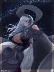  alternate_breast_size alternate_costume black_hairband black_kimono breasts cleavage closed_mouth clothing_cutout commentary_request cowboy_shot dated female frilled_hairband frills grey_hair hairband highres huge_breasts itini-sanshi japanese_clothes kimono lolita_hairband long_hair looking_at_viewer red_eyes rozen_maiden shoulder_cutout skirt sky solo star_(sky) starry_sky suigintou tanabata white_skirt 
