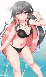  absurdres anchor_pendant bikini black_bikini black_hair breasts cleavage closed_mouth colored_inner_hair commentary_request female front-tie_bikini_top front-tie_top hairband highres itsuya_(hmizugucti) jewelry kantai_collection large_breasts leaning_forward long_hair multi-strapped_bikini_bottom multicolored_hair naganami_(kancolle) naganami_kai_ni_(kancolle) navel necklace oerba_yun_fang pink_hair purple_eyes skin_fang smile solo swimsuit v v-shaped_eyebrows variant_set very_long_hair water white_hairband 