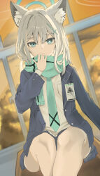  966_kururu_966 absurdres animal_ear_fluff blue_archive blue_eyes blue_jacket blue_necktie blue_scarf blue_skirt cross_hair_ornament female grey_hair hair_between_eyes hair_ornament highres id_card jacket long_hair looking_at_viewer necktie parted_lips scarf shiroko_(blue_archive) shirt skirt solo tail white_shirt wolf_boy wolf_tail 