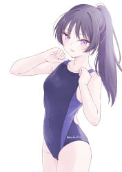  bare_shoulders black_hair blush breasts collarbone competition_swimsuit covered_navel female hair_ornament hondahiro long_hair looking_at_viewer one-piece_swimsuit open_mouth original ponytail purple_eyes simple_background small_breasts smile solo swimsuit white_background 