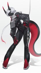  absurdres android black_skin blunt_bangs bodysuit chains chest_harness colored_skin covered_navel echanis_enicha female gloves hair_over_eyes harness highres jacket light_smile long_hair no_eyes original ponytail red_lips tail white_background white_hair 