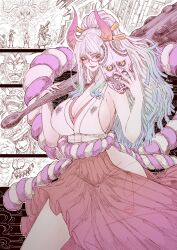  armpits bare_arms breasts cleavage clothing_cutout club_(weapon) curled_horns dress eyelashes female glasses hair_ornament hair_stick hakama hakama_pants highres holding holding_mask horns japanese_clothes jun_wu_mo kimono large_breasts legs long_hair looking_at_viewer low-cut_armhole mask multicolored_horns one_piece oni pants red-framed_eyewear red_hakama rope shimenawa side_cutout sleeveless sleeveless_dress sleeveless_kimono smile thighs weapon yamato_(one_piece) 