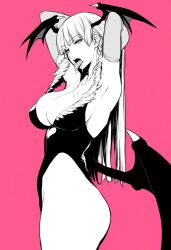  aquaberrymarine breasts cleavage darkstalkers demon_wings female greyscale head_wings highres leotard looking_at_viewer monochrome morrigan_aensland open_mouth pink_background solo strapless strapless_leotard wings 