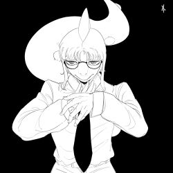  1:1 anthro breasts cavemanon_studios cdepraxis chainsaw_man clothed clothing cosplay crossover crossover_cosplay dinosaur eyewear female fingers glasses goodbye_volcano_high hadrosaurid hair hi_res looking_at_viewer makima_(chainsaw_man) monochrome naomi_(gvh) necktie ornithischian ornithopod parasaurolophus prehistoric_species reptile scalie simple_background smile snoot_game solo tail 