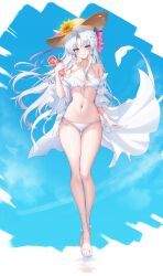  absurdres alternate_costume bare_shoulders bikini blue_sky blush bow breasts carlotta_(wuthering_waves) cherry commentary cup day drinking_glass drinking_straw earrings female flower food front-tie_bikini_top front-tie_top fruit full_body groin hairbow hat hat_flower highres holding holding_cup jewelry juice lilac_(k32420276) long_hair medium_breasts navel orange_(fruit) orange_slice outdoors parted_bangs parted_lips sandals side-tie_bikini_bottom sky smile solo stomach swimsuit thigh_gap toes very_long_hair white_bikini wuthering_waves 