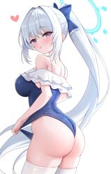  ass balut_(7676i) blue_archive blue_halo blush breasts commentary_request female frilled_one-piece_swimsuit frills halo heart highres large_breasts long_hair looking_at_viewer miyako_(blue_archive) miyako_(swimsuit)_(blue_archive) one-piece_swimsuit ponytail purple_eyes simple_background solo swimsuit thighhighs very_long_hair white_background white_hair white_thighhighs 