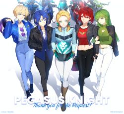  5girls absurdres alternate_costume aqua_ribbon black_choker black_gloves black_jacket black_pants blonde_hair blue_eyes blue_jacket blue_pants blue_shirt catria_(fire_emblem) choker clothing_cutout collarbone collared_shirt commentary commission contemporary denim english_commentary english_text fingerless_gloves fire_emblem fire_emblem:_mystery_of_the_emblem fire_emblem:_three_houses fire_emblem_engage fur_trim gloves green_eyes green_hair green_sweater hair_ribbon hand_in_pocket helmet highres ingrid_brandl_galatea jacket jeans locked_arms long_hair long_sleeves merrin_(fire_emblem) midriff minerva_(fire_emblem) motor_vehicle motorcycle motorcycle_helmet multiple_girls navel open_clothes open_jacket palla_(fire_emblem) pants pocket red_eyes red_hair red_shirt ribbon shirt short_hair silvercandy_gum smile sunglasses sweater turtleneck turtleneck_sweater twitter_username unworn_eyewear white_pants 