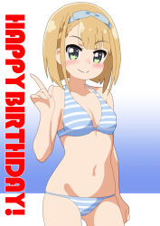  22/7 arm_at_side bikini blonde_hair blue_background blue_bikini blue_bow blue_hairband blush bob_cut bow breasts cleavage closed_mouth collarbone cowboy_shot female finger_gun green_eyes hairband hand_up happy_birthday inverted_bob looking_at_viewer mizusaki_johnko navel saito_nicole short_hair smile solo standing striped_bikini striped_clothes swimsuit 