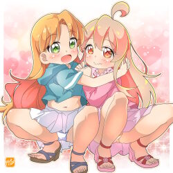 2girls :d ahoge blonde_hair blue_hoodie blush brown_eyes brown_hair closed_mouth crossover green_eyes highres hood hoodie long_hair looking_at_viewer multiple_girls navel onii-chan_wa_oshimai! open_mouth oyama_mahiro panties pantyshot pink_shirt pink_skirt pleated_skirt ruri_no_houseki sandals shirt short_sleeves skirt smile squatting takecho tanigawa_ruri thighs toes underwear white_skirt yuri 