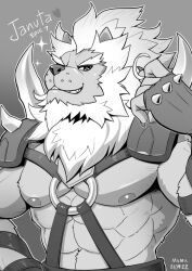  1boy abs artist_name bara character_name claws copyright_name dated english_commentary epic_seven furry furry_male gloves greyscale heart januta_(epic_seven) looking_at_viewer male_focus monochrome mumuthelion muscular muscular_male nipples pectorals smile sparkle spiked_gloves spiked_pauldrons 