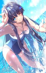  black_hair blue_eyes blue_one-piece_swimsuit blue_sky breasts cloud dated eiyuu_densetsu elise_schwarzer female hajimari_no_kiseki highres hime_cut looking_at_viewer medium_breasts ocean one-piece_swimsuit one_eye_closed outdoors sideburns signature sky smile solo swimsuit tinybiard twitter_username water 