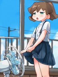 bicycle blue_skirt blue_sky blush brown_hair clothes_lift collared_shirt day electric_fan female green_eyes highres open_mouth original outdoors panties pleated_skirt school_uniform shirt short_sleeves skirt skirt_lift sky solo standing suspender_skirt suspenders underwear wakamizu white_panties white_shirt 