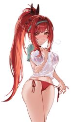  bikini blue_hairband blush breasts female goddess_of_victory:_nikke hairband highres large_breasts long_hair midriff_peek navel official_alternate_costume ponytail rapi_(nikke) rapi_(red_hood)_(red_flavor)_(nikke) red_bikini red_eyes red_hair sakae_nikebaraba see-through_clothes see-through_shirt shirt side-tie_bikini_bottom simple_background solo swimsuit thighs very_long_hair white_background white_shirt 