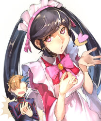  1boy apron ash_phoenix black_hair blue_hair blush bow bowtie brown_hair ckmogpk code_geass:_dakkan_no_roze commentary dress female flustered heart maid maid_apron maid_headdress multicolored_hair own_hands_together pink_bow pink_bowtie pink_dress purple_eyes short_hair simple_background spoken_heart straight sumeragi_sakuya twintails two-tone_hair white_background 