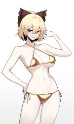  1641_(chfhrtor94) bikini blonde_hair bow breasts brown_bow brown_eyes collarbone commentary_request cowboy_shot criss-cross_halter female gold_bikini grin hairbow halterneck hand_in_own_hair highres korean_commentary kurodani_yamame large_breasts looking_at_viewer short_hair side-tie_bikini_bottom simple_background smile solo swimsuit touhou white_background 
