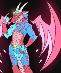  anthro bulge chumbasket clothed clothing dragon eyewear eyewear_on_head front_view goggles goggles_on_head grin hat headgear headwear hi_res horn looking_at_viewer male male_anthro membrane_(anatomy) membranous_wings mythological_creature mythological_scalie mythology pink_body pink_wings portrait red_body scalie smile solo standing three-quarter_portrait white_horn wings yellow_eyes 