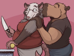  2025 5_fingers american_opossum anniversary anthro black_clothing black_shirt black_topwear blue_bottomwear blue_clothing blue_pants bottomwear brown_body brown_fur capybara caviid closed_eyes clothing countertop duo english_description fingers fur grey_body grey_bottomwear grey_clothing grey_fur grey_pants hand_on_shoulder hi_res holding_knife holding_object kissing knife looking_at_another looking_at_partner looking_back looking_back_at_another looking_back_at_partner male male/male mammal marsupial nanoff nanoff&#039;s_husband nanoff_(character) overweight overweight_anthro overweight_male pants pink_background red_clothing red_shirt red_tank_top red_topwear rodent romantic romantic_couple round_ears shirt side_view simple_background smile smiling_at_another smiling_at_partner spanish_text tail tank_top text topwear white_body white_fur 