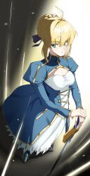  absurdres ahoge armored_boots artoria_pendragon_(fate) blonde_hair blue_bow blue_dress boots bow braid braided_bun breasts bun_with_braided_base caliburn_(fate) cleavage_cutout clothing_cutout dress fate/stay_night fate_(series) female full_body green_eyes hair_between_eyes hair_bun hair_ribbon hairbow hands_on_hilt highres hitempo holding holding_sword holding_weapon long_sleeves looking_at_viewer ponytail ponytail_with_braided_base ribbon saber_(fate) short_hair sidelocks smile solo standing sword weapon 
