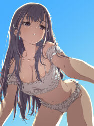  22/7 ass_visible_through_thighs backlighting bent_over bikini blue_sky breasts cleavage collarbone commentary cowboy_shot crescent crescent_hair_ornament day earrings fanged_bangs female frilled_bikini frills from_below groin hair_ornament highres ichinose_hotaru jewelry kurubushinenza long_hair looking_to_the_side medium_breasts mole mole_under_eye navel outdoors parted_lips purple_eyes purple_hair sidelocks sky solo straight_hair swimsuit white_bikini 