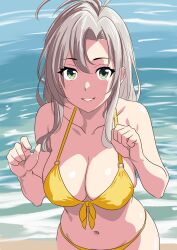 absurdres antenna_hair bare_shoulders beach bikini bone_namu(namu49850) breasts cleavage collarbone commentary_request female front-tie_bikini_top front-tie_top green_eyes grey_hair hair_down halterneck highres kantai_collection kinugasa_(kancolle) large_breasts looking_at_viewer navel ocean parted_lips smile solo swimsuit upper_body water yellow_bikini 