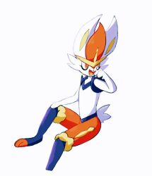  anthro axy_usagi cheek_tuft cinderace facial_tuft fur generation_8_pokemon hand_on_face looking_at_another male multicolored_body multicolored_fur nintendo open_mouth open_smile pokemon pokemon_(species) scut_tail short_tail simple_background sitting smile solo tail tongue tongue_out tuft white_background 