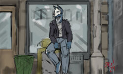  2024 alternative_fashion anthro blue_body blue_fur bottomwear canid canine cigarette clothing colored denim denim_bottomwear denim_clothing detailed_background fur hi_res jeans jeri_kleinlowe looking_at_viewer male mammal outside pants punk red_text signature solo standing text window 