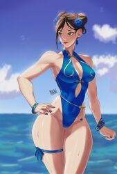  absurdres artist_logo blue_flower blue_nails breasts casual_one-piece_swimsuit chun-li cleavage cleavage_cutout clothing_cutout double_bun feet_out_of_frame female flower hair_bun hair_flower hair_ornament hand_on_own_hip highleg highleg_one-piece_swimsuit highres horizon large_breasts logo looking_to_the_side mandarin_collar mavrii ocean official_alternate_costume one-piece_swimsuit solo street_fighter street_fighter_6 swimsuit thigh_strap 