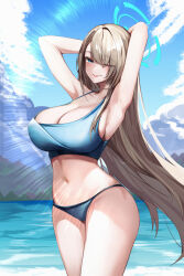  absurdres alternate_costume armpits arms_behind_head asuna_(blue_archive) bikini black_bikini blonde_hair blue_archive blue_bikini blue_halo blush breasts cleavage eyes_visible_through_hair female hair_over_one_eye halo highres long_hair looking_at_viewer miisang47 navel ocean one_eye_closed sky smile solo stomach swimsuit tongue tongue_out 