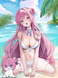  beach bikini blue_sky breasts cleavage cloud cloudy_sky collarbone doro_(nikke) dorothy_(nikke) dorothy_(serendipity)_(nikke) female flower full_body goddess_of_victory:_nikke hair_bun hair_flower hair_ornament highres large_breasts long_hair looking_at_viewer navel noneu03 ocean open_mouth palm_tree pink_hair purple_eyes single_side_bun sitting sky stomach swimsuit thigh_strap tree very_long_hair wariza water wet white_bikini 