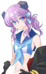  bikini black_gloves black_jacket blue_eyes blue_neckerchief blue_sailor_collar female fingerless_gloves gloves hair_between_eyes headgear highres jacket kantai_collection langley_(kancolle) langley_(swimsuit)_(kancolle) medium_hair multicolored_bikini navel neckerchief purple_hair sailor_bikini sailor_collar simple_background smile solo swimsuit tsukasa_(tukasa_br) two-tone_bikini upper_body white_background 