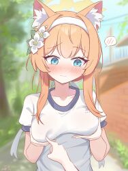  1other absurdres animal_ears averting_eyes blue_archive blue_eyes blush cat_ears cat_girl closed_mouth embarrassed female flower hair_flower hair_ornament hair_ribbon hairband hand_on_another&#039;s_chest highres holding_own_breasts long_hair mari_(blue_archive) mari_(track)_(blue_archive) official_alternate_costume orange_hair ribbon sanwenyu_juan_bing shirt short_sleeves t-shirt white_flower white_hairband white_ribbon white_shirt 