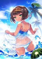  ass astarte_(surio) bare_arms bare_back bare_shoulders blue_sky blush brown_hair chinese_commentary commentary_request cowboy_shot dark-skinned_female dark_skin day dress female food fruit green_eyes hairband highres lady_and_the_papyrus lifting_dress looking_at_viewer looking_back ocean palm_tree palmtree panties sana.c second-party_source short_hair sky solo standing striped_clothes striped_panties sun sunlight tree underwear water watermelon 