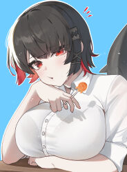  alternate_costume black_bra black_hair black_scales blue_background bra bra_visible_through_clothes breasts buttons candy collared_shirt colored_inner_hair desk ellen_joe female fins fish_tail food hair_ornament hairpin holding holding_candy holding_food holding_lollipop large_breasts lollipop long_sleeves looking_at_viewer medium_hair mole mole_under_eye multicolored_hair nsan open_mouth red_eyes red_hair school_desk see-through_clothes see-through_shirt shark_girl shark_tail shirt simple_background sitting sleeves_rolled_up solo sweat tail underwear zenless_zone_zero 