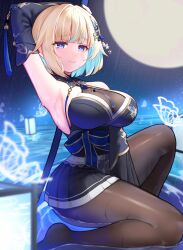  aizawa_ema aizawa_ema_(5th_costume) animal_print arm_up armpits bare_shoulders black_dress black_pantyhose blonde_hair blue_eyes blue_hair blush breasts butterfly_hair_ornament butterfly_print cleavage colored_inner_hair commentary_request detached_sleeves dress female full_moon furrowed_brow gold_trim hair_ornament halter_dress halterneck highres holding holding_sheath holding_sword holding_weapon japanese_clothes lantern large_breasts long_sleeves moon moonlight multicolored_hair night night_sky nokonata obi outdoors pantyhose print_dress rain sash scabbard see-through_cleavage see-through_clothes shallow_water sheath sitting sky sleeveless sleeveless_dress smile star_(sky) starry_sky sword tassel transparent_butterfly virtual_youtuber vspo! water weapon wet 