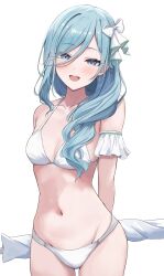  :d arm_cuffs arms_behind_back bare_arms bare_shoulders beach_umbrella bikini blue_eyes blue_hair blush bow breasts cleavage collarbone commentary cowboy_shot female groin hair_between_eyes hair_ornament hair_over_shoulder hairbow highres hinomori_shizuku holding kunizaki long_hair looking_at_viewer medium_breasts mole mole_under_mouth navel open_mouth project_sekai sidelocks simple_background smile solo standing stomach string_bikini swimsuit teeth thighs tongue umbrella upper_teeth_only white_background white_bikini white_bow white_umbrella 