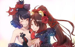  2girls animal_ears asage1010 bare_shoulders black_hair blush breasts brown_hair center_opening cleavage closed_eyes commentary dog_ears fake_animal_ears fate/grand_order fate_(series) flower forced_smile hair_flower hair_ornament highres hug japanese_clothes katsushika_hokusai_(fate) katsushika_hokusai_(third_ascension)_(fate) kimono kyokutei_bakin_(fate) kyokutei_bakin_(first_ascension)_(fate) long_hair looking_at_another multiple_girls ponytail red_eyes red_kimono short_hair simple_background small_breasts trait_connection v-shaped_eyebrows white_background 