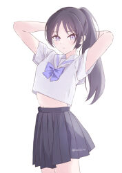  arms_up black_hair blue_skirt blush bow bowtie breasts female hondahiro long_hair looking_at_viewer midriff midriff_peek navel original pleated_skirt ponytail purple_eyes sailor_collar school_uniform shirt short_sleeves simple_background skirt solo white_background white_sailor_collar white_shirt 