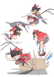  ascot bent_over black_eyes black_hair bow commentary_request detached_sleeves female flying_kick frilled_bow frills full_body gohei gyouza_(mhea5724) hairbow hakurei_reimu highres holding holding_gohei kicking kneehighs long_hair motion_lines multiple_views red_bow red_shirt red_shoes ribbon-trimmed_sleeves ribbon_trim running shirt shoes simple_background sleeveless sleeveless_shirt socks touhou white_background white_sleeves white_socks yellow_ascot 