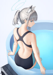  absurdres animal_ear_fluff animal_ears bag black_one-piece_swimsuit blue_archive blue_eyes breasts competition_swimsuit cross_hair_ornament extra_ears female from_behind grey_hair hair_ornament halo highres looking_at_viewer looking_back low_ponytail medium_breasts medium_hair mismatched_pupils multicolored_swimsuit official_alternate_costume one-piece_swimsuit ponytail racerback shiroko_(blue_archive) shiroko_(swimsuit)_(blue_archive) solo spa styx swimsuit wolf_ears 